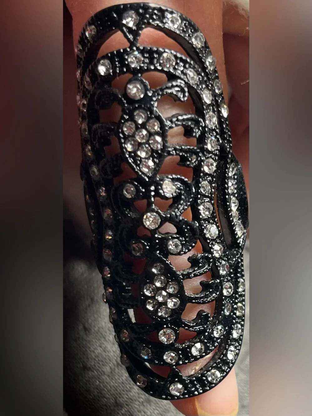 Black Crystal Filigree Adjustable Ring
